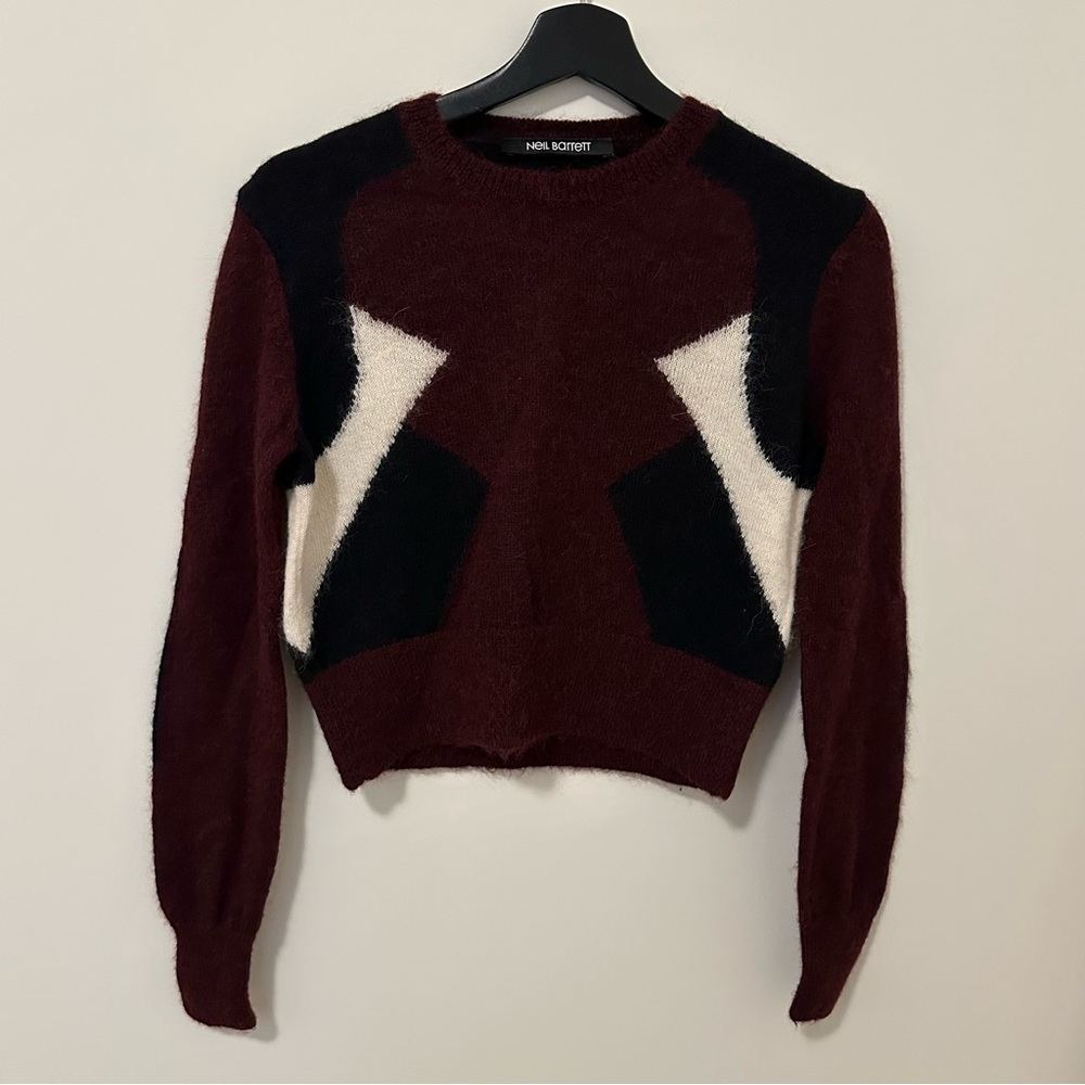 Neil Barrett burgundy colorblock "Modernist Alpaca" mohair sweater size small